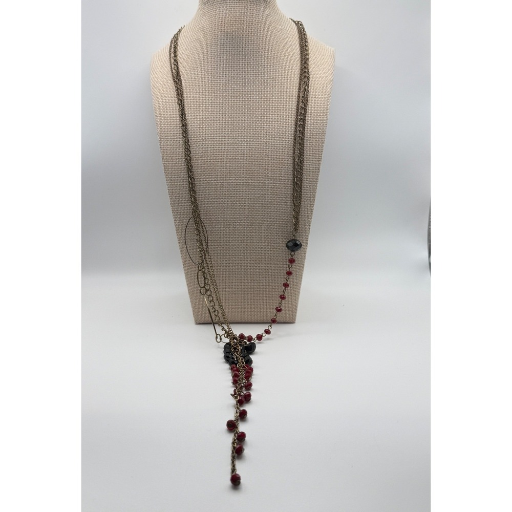 Antique Brass Layered Beaded Tassel Necklace Red Black Women Gothic Boho